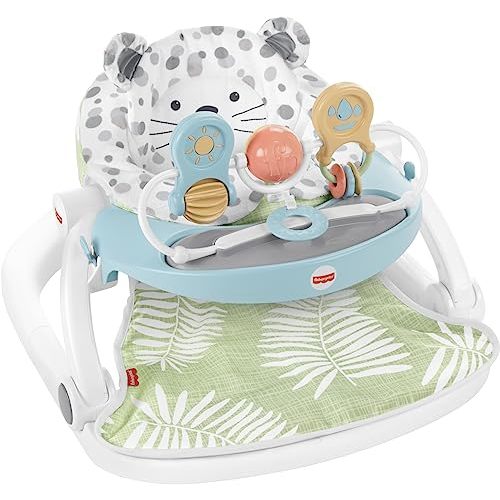 Fisher-Price Portable Baby Chair Deluxe Sit-Me-Up Floor Seat with Feeding Tray & Activity Toy Bar, Snow Leopard