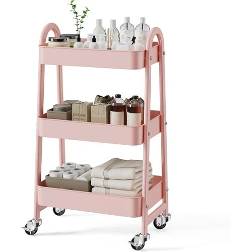 SMUG 3 Tier Rolling Cart - Metal Utility Carts on Lockable Caster Wheels, Mobile Storage Shelves Organizer for Livingroom, Bathroom, Kitchen, Bedroom & Narrow Places, Pink