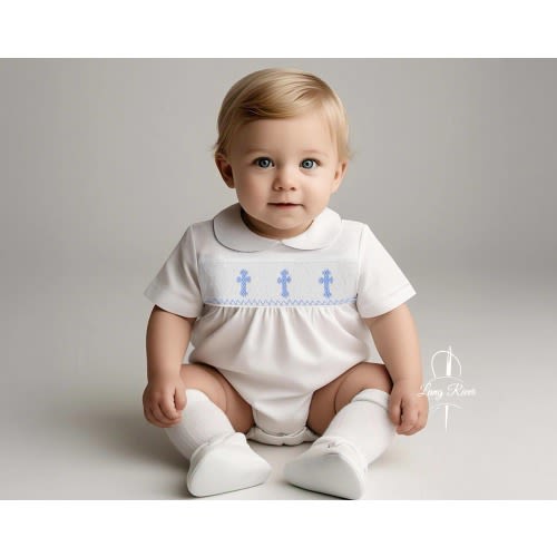 White & Gold Cross Smocked Romper – Baptism, Christening, Boys Baptism Outfit, Baby Boy Baptism Outfit, Boys Christening Outfit