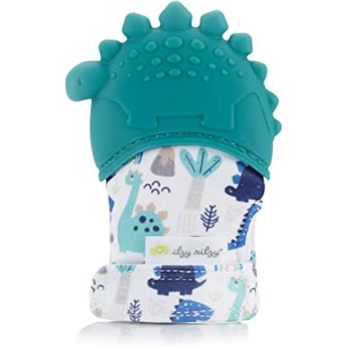 Itzy Ritzy Silicone Teething Mitt - Soothing Infant Teething Mitten w/Adjustable Strap, Crinkle Sound, Textured Silicone to Soothe Sore & Swollen Gums, Baby Teething Toy for 3 Mos & Up, Teal Dinosaur