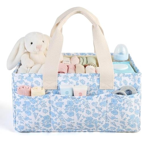Baby Diaper Caddy Organizer with Portable Changing Mat-Portable Baby Organizers and Storage, Gift for Baby Shower, Baby Essentials Organizer with Removable Dividers (Blue Floral Print)