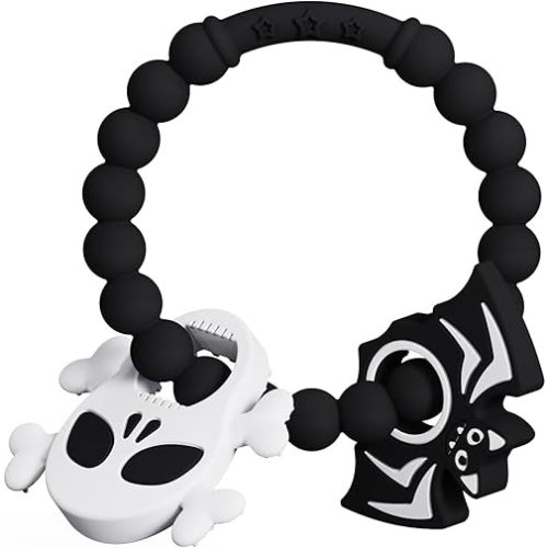 Halloween Baby Teething Ring Toys – Skull & Bat Silicone Teethers for Newborns, Infants & Toddlers – Sensory Chew Bracelet for Teething Relief – Perfect Baby’s First Halloween Basket Stuffers