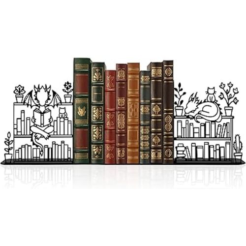 Metal Dragon Reading Book Decorative Bookend 9.1x 4.7 Inches, Unique Dragon Bookends Decorative, Fantasy Dragon Decor,Cute and Fantasy Bookends with Dragon and Cat Lying on The Bookshelf Pattern