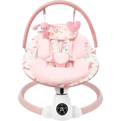 Baby Swing for Infants with 5 Swing Speeds, Portable Electric Baby Swing with Bluetooth, Remote Control & Touch Panel, 5-Point Harness, Indoor & Outdoor Use, Pink