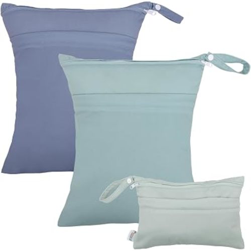 ALVABABY 3 Pack Wet Dry Bags for Cloth Diapers, Swimsuits & Gym Clothes, Waterproof Reusable Baby Diaper Bag with 2-Zippered Compartments, Hanging Strap, Machine Washable, Small/Medium/Large for Dayca