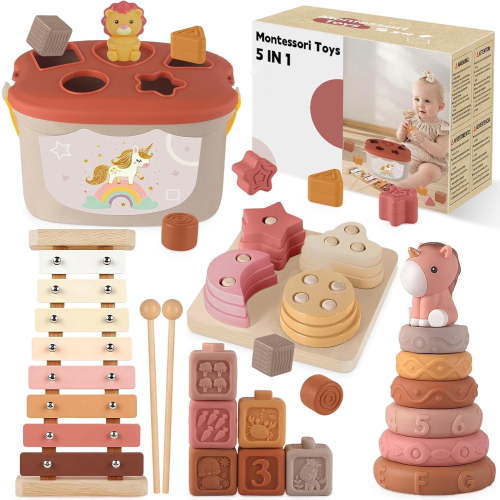 5-in-1 Montessori Baby Toy Set for 6-12 Months, Shape Sorter, Stacking Rings, Soft Blocks, Wooden Activity Toy and Xylophone, Sensory Development and Educational Gift for Infants and Toddlers