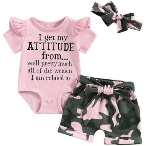 Fernvia Baby Girl Clothes Infant Summer Outfits 3 6 12 18 Months Short Sleeve Ruffles Letters Romper & Camouflage Shorts Set
