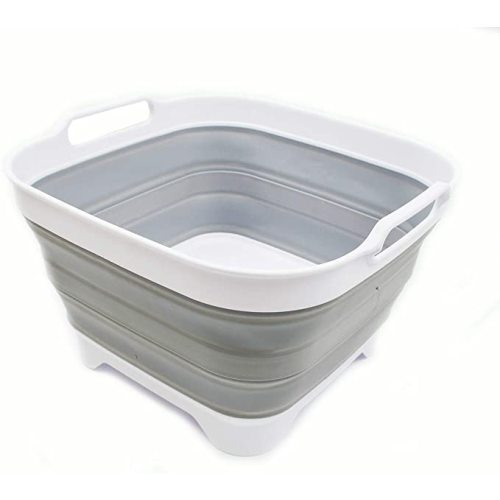 SAMMART 10L (2.64 Gallon) Collapsible Dishpan with Draining Plug - Foldable Washing Basin - Portable Dish Washing Tub - Space Saving Kitchen Storage Tray (1, White/Grey)