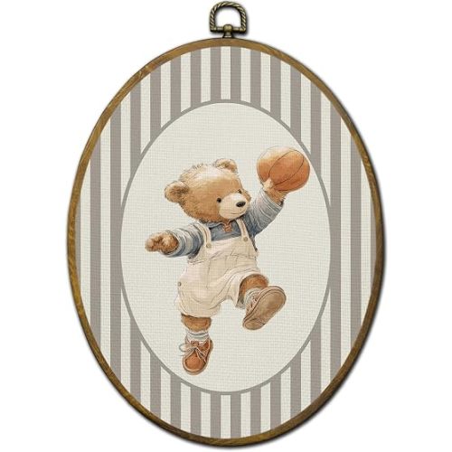 QZQE Bear Basketball Nursery Oval Wall Art Decor Framed, Kids Oval Canvas Prints, Neutral Striped Basketball Bear Wild Animals Sports Wall Hanging Decor for Kids Toddler Room Playroom, 8.6x11.4 Inch