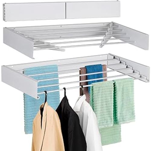 FOCHIER F Clothes Drying Rack Wall Mounted Collapsible for Laundry 31.5" with Drilling Template Aluminum Rods and Long Screwdriver Bit 60 lbs Capacity White