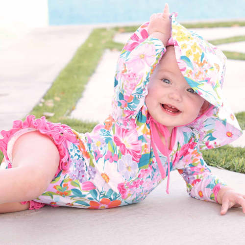 Long Sleeve Rash Guard With Ruffle Bottom | Seaside Blooms
