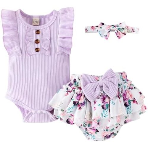 Baby Girl Clothes Newborn Infant Summer Outfits Ruffle Romper and Shorts with Headband Sets for 0-3-6-9-12-18 Months