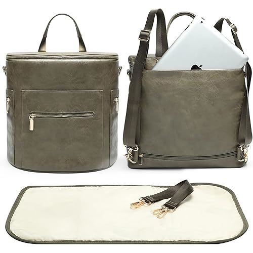 miss fong Diaper Bag Backpack Baby Diaper Bag, Large Leather Diaper Backpack with 16 Pockets Travel Diaper Bag with Diaper Changing Pad, Stroller Straps & 2 Insulated Pockets (Convertible, Forest)