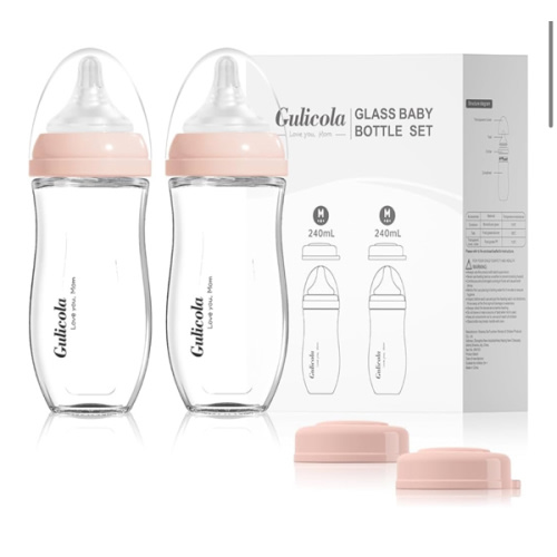 Natural Glass Baby Bottle for Breastfed Babies, Anti-Colic Baby Bottle Set with Medium Flow Nipple, 3 Months +, 8 oz, 2 Pack - Pink