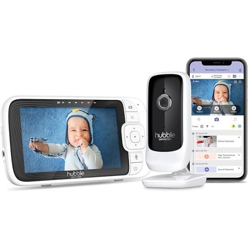Hubble Connected Nursery Pal Link Premium Smart Connected, Wi-Fi Enabled Baby Monitor With Large 5-Inch Color Parent Unit Viewer, Soothing Sounds, Story And Game Content, Wall Mount, White