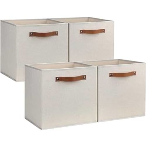 13"x13" Large Storage Cubes, 4 Pack Collapsible Cube Storage Bins With Handles for Organizing, Beige Fabric Closet Organizers Box for Playroom, Office, Dorm Home Organization and Storage