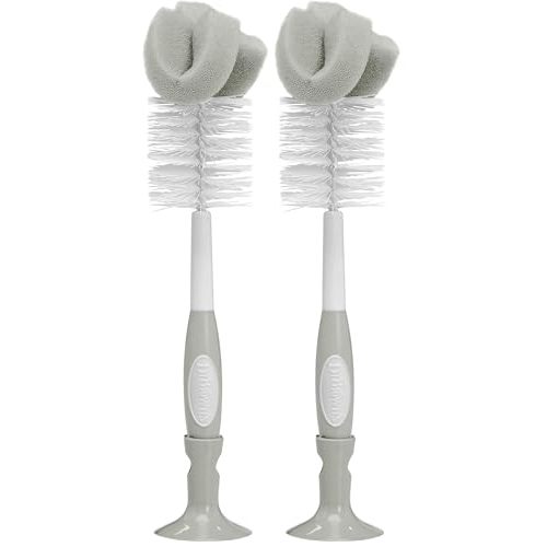 Dr. Brown's Reusable Sponge Baby Bottle Cleaning Brush with Suction Cup Stand, Scrubber and Nipple Cleaner, BPA-Free, Gray, 2-Pack