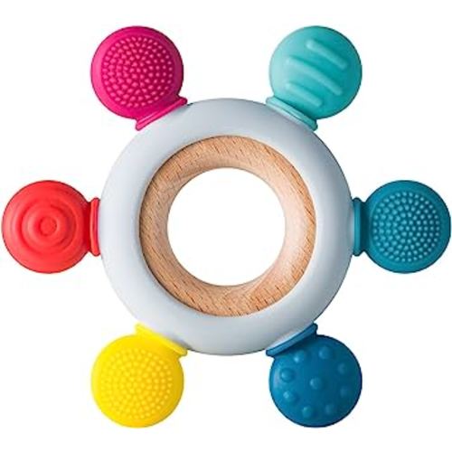 Baby Teething Toys Silicone Teethers BPA Free Silicone Rudder with Wooden Ring Soothe Babies Gums (Rainbow)
