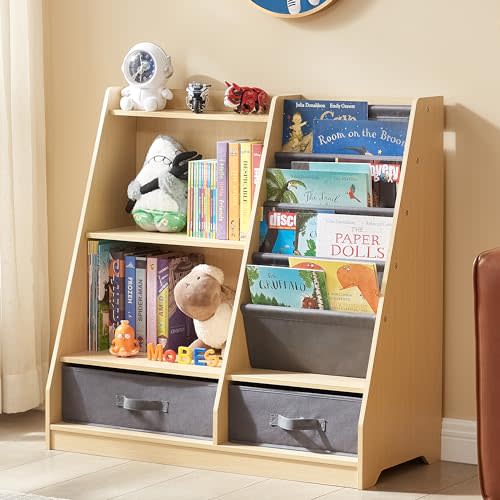 GABHX Kids Bookshelf with Storage Drawers and Layer Sling Bookcase, 4 Tier Toddlers Book and Toy Organizer and Dispaly Cabinet for Playroom, Kids Room, Classroom, Nursery (Natural)