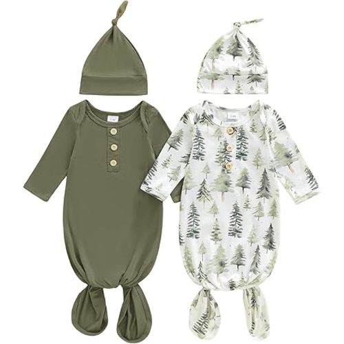 woshilaocai 2 Pack Baby Boy Girl Gown Sleeper Newborn Knotted Nightgown and Hat Set Infant Sleepwear