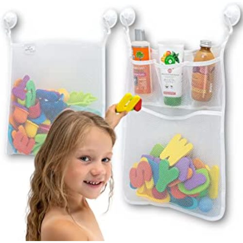 2 x Mesh Bath Toy Organizer + 6 Ultra Strong Hooks – The Perfect Bathtub Toy Holder & Bathroom or Shower Caddy – These Multi-use Net Bags Make Baby Bath Toy Storage Easy – For Kids & Toddlers
