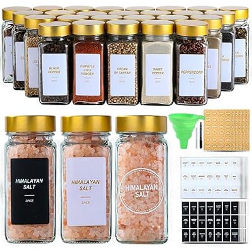 Glass Spice Jars with Label, 36 Pcs Spice Jars with Shaker Lids-4 oz Gold Spice Seasoning Jars Bottles Containers Set for Spice Rack (36)