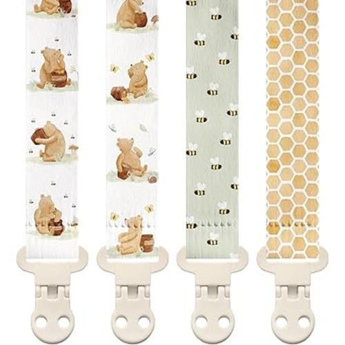 Stadela Baby Pacifier Clip Holder - Boy and Girl Unisex 4 Pack Gift Set – Vintage Classic Neutral Honey Winnie Bear and Bees Beige Yellow and Green