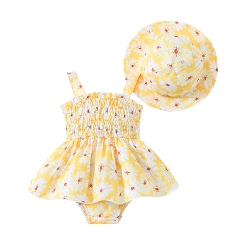 Jeinxcn Toddler Baby Girl Summer Clothes Halter Floral Romper Dress Backless Outfits with Hat
