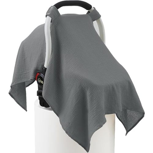 100% Muslin Cotton Car Seat Cover Baby, Carseat Canopy Cover, Universal Fit Stroller Covers for Boys and Girls (Grey)