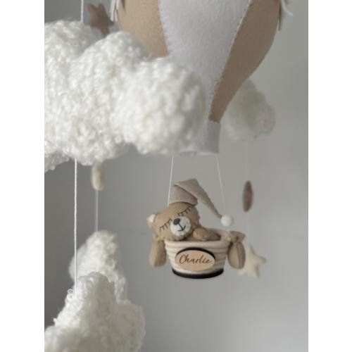 Hot Air Balloon Baby Mobile, Teddy Nursery, Teddy Bear Crib Mobile, Baby Shower Gift, Personalised, Beige Neutral Baby Room