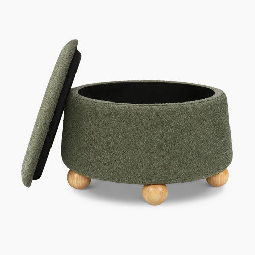 Namesake Tuffet Storage Ottoman - Performance Olive Boucle With Honey Ball Feet