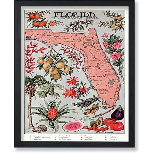 Poster Master Vintage Travel Poster - Retro Florida Print - Everglade State Art - Fruits & Flower Art - Gift for Men, Women, Travel Lover - Floral Decor for Bedroom, Office - 11x14 UNFRAMED Wall Art