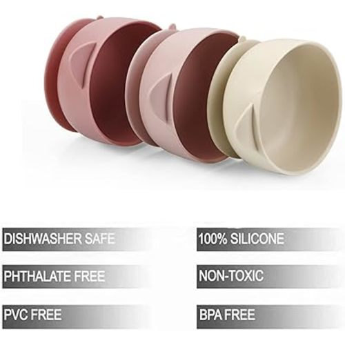 PandaEar 3 Pack Baby Bowls with Suction| Leak-Proof Stay Put Silicone Food Bowl with Lids for Babies Kids Toddlers Infants| Food Grade Soft Safe BPA-Free Silicone (Pink Rose Linen)