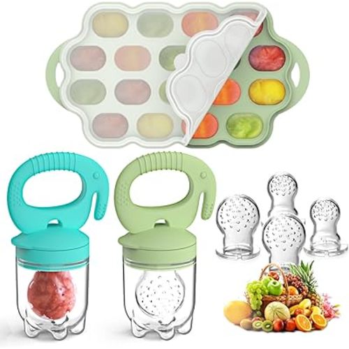 Silicone Baby Food Teether Feeder with Breastmilk Popsicle Molds Combo, BPA Free Baby Fruit Food Feeder Pacifier, Teething Popsicle for Baby 4m+, 3 Sizes Food Pouches Included