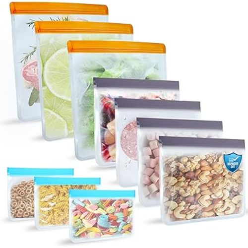 10 Pack Dishwasher Safe Reusable Bags, Leakproof Airtight Freezer Bags, Silicone BPA Free Food Storage Bags for Marinate Food Travel Home Organization - 3 Gallon 4 Sandwich 3 Snack