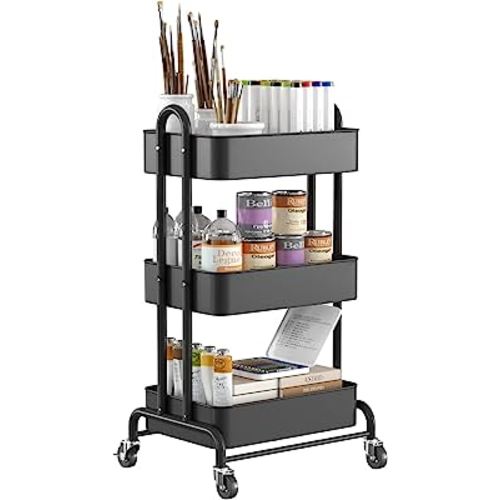 Ceayell 3-Tier Metal Rolling Storage Cart Heavy Duty Utility Cart Organizer with Lockable Wheels Black