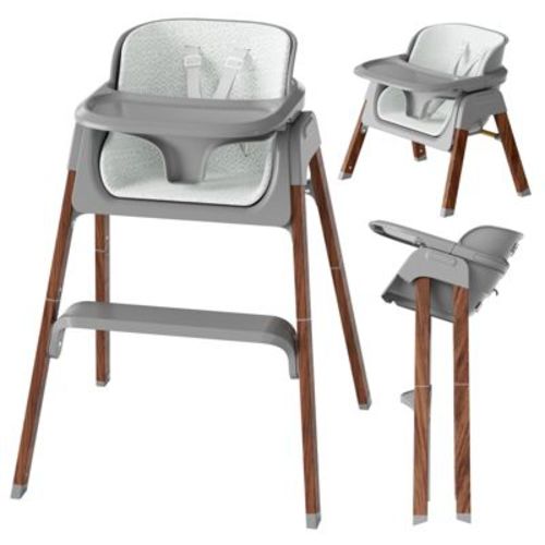 Fodoss Baby High Chair, Light Gray, 4-in-1 Foldable Design, Sturdy Metal Square Tube with Wood Grain, Removable Dishwasher Safe Tray, 5-Point Harness
