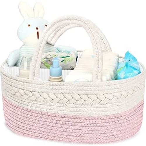 Maliton Diaper Caddy for Baby Girl-Cotton Rope Diaper Caddy, Diaper Organizer for Changing Table, Portable Baby Basket for Storage Baby Stuff, Newborn Registry Must Have Items