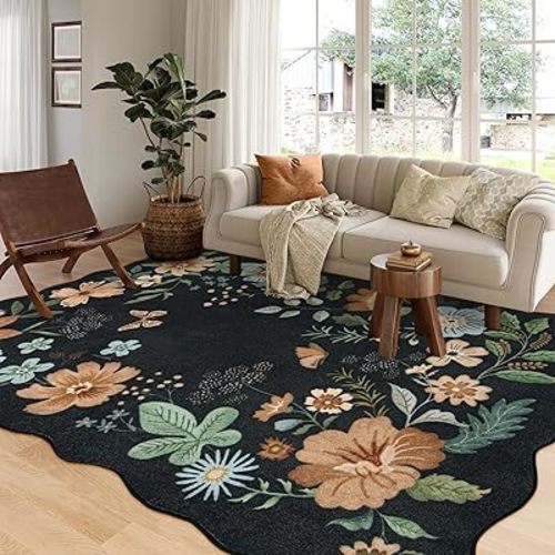 Lahome Floral Area Rug for Living Room - 5x7 Ultra-Thin Soft Washable Non-Slip Bedroom Stain Resistant Lightweight Boho Low-Pile Throw for Dining Room Office (5x7ft, Black/Grey)
