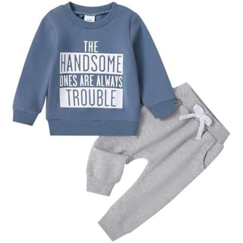 wdehow Toddler Baby Boy 2Pcs Outfits Letters Print Pullover Tops + Drawstring Pants Set Fall Winter Clothes
