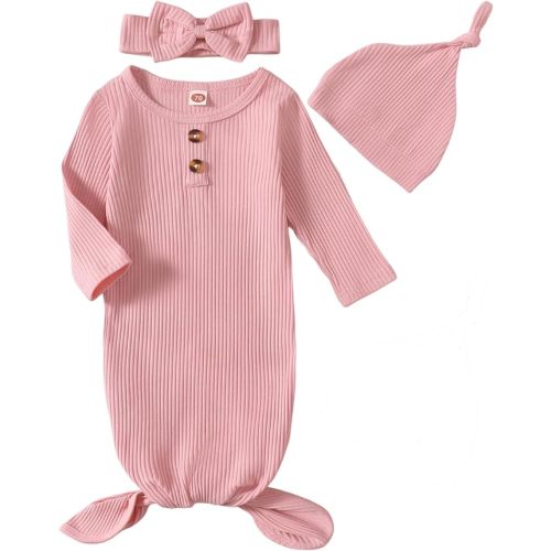 Kislio Newborn Baby Girls Boy Knotted Gown Floral Nightgown Sleeper Gown Swaddle Headband Hat Coming Home Outfit Set - Ribbed-pink - 0-6 Months