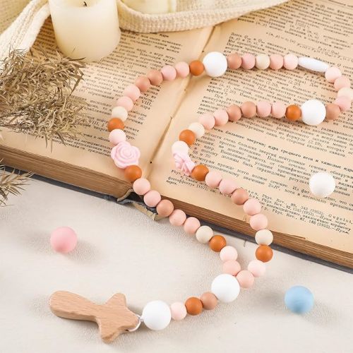 Misdary Baby Rosary Baptism Gift Silicone God Bless Kids First Rosary with Cross 1st Year Baptism Party Supply for Baby Shower Christian Communion Gifts(Pink,Flowers)