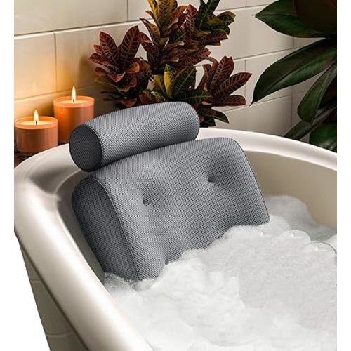 Everlasting Comfort Luxury Bath Pillows for Tub with Head and Neck Support - Non-Slip Bathtub Pillow with Suction Cups, Quick-Drying Mesh & Drying Hook - Jacuzzi & Spa Accessories for Women - Gray