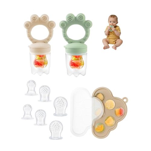 Baby Popsicle Molds & Food Feeder Set, Baby Fruit Feeder for Infant Teething Relief & Safe Infant Self Feeding 4 Months+ Starting Solids for Essentials (Green+Beige)