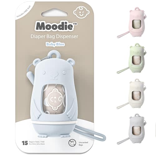 Teddy Bear Diaper Bag Dispenser | Diaper Trash Bags on the Go Dispenser w/Silicon Strap | 15 UNSCENTED Baby Poop Bags per Roll | Dirty Diaper Bags Disposable | Diaper Waste Bags (BABY BLUE)