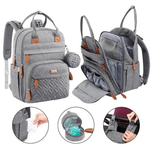 BabbleRoo Diaper Bag Backpack Stylish 26L Hands Free Baby Bag with Changing Pad, Stroller Straps & Water-Resistant Pañaleras , Light Gray, Large