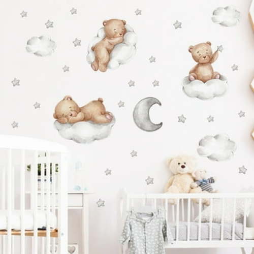 Bear Sleeping on The Moon and Stars Wall Stickers for Kids Baby Room Decor Moon Stars Cloud Baby Nursery Decor Baby Shower Room Interior Decor Kid Bedroom Playroom Wall Decals