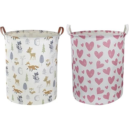 2 Pack Laundry Basket,Canvas Baby Clothes Hamper,Kids Toys Storage Basket Gift Basket with Handles,Baby Nursery,Room Decor,Bedroom,Bathroom,Playroom
