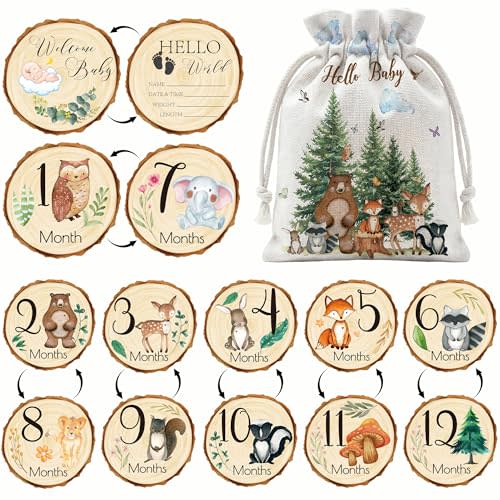 Woodland Baby Monthly Milestone Signs, 7Pcs Double Sided Wooden Months Baby Milestone Cards Markers for Girl Boy, Hello World Newborn Announcement Sign Photo Prop