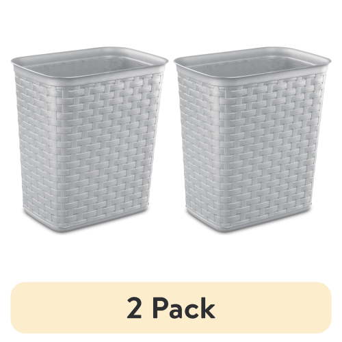 (2 pack) Sterilite Small Bathroom Trash Can, 3.4 Gallon Plastic Weave Garbage Bucket Bin with No Lid, Gray